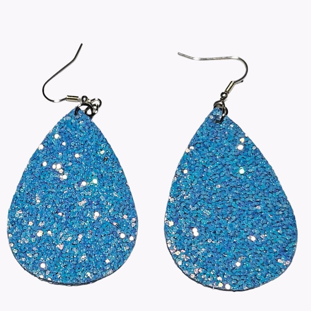 Handmade Faux Leather Blue Glitter Teardrop Earrings Statement Fashion Jewelry